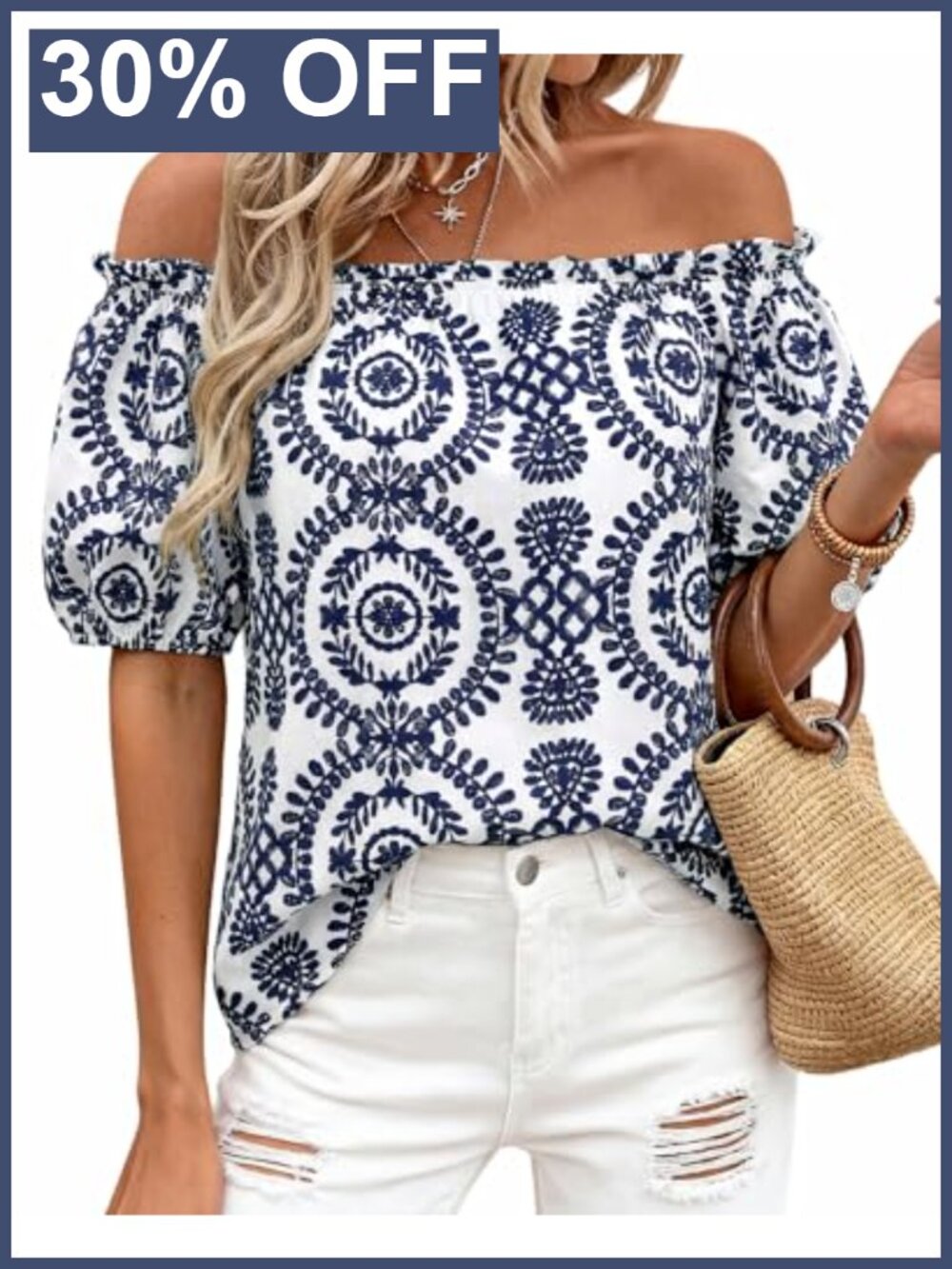 Off Shoulder Boho Blouse Women Puff Sleeve Loose Fit Cotton Stretch Summer Top